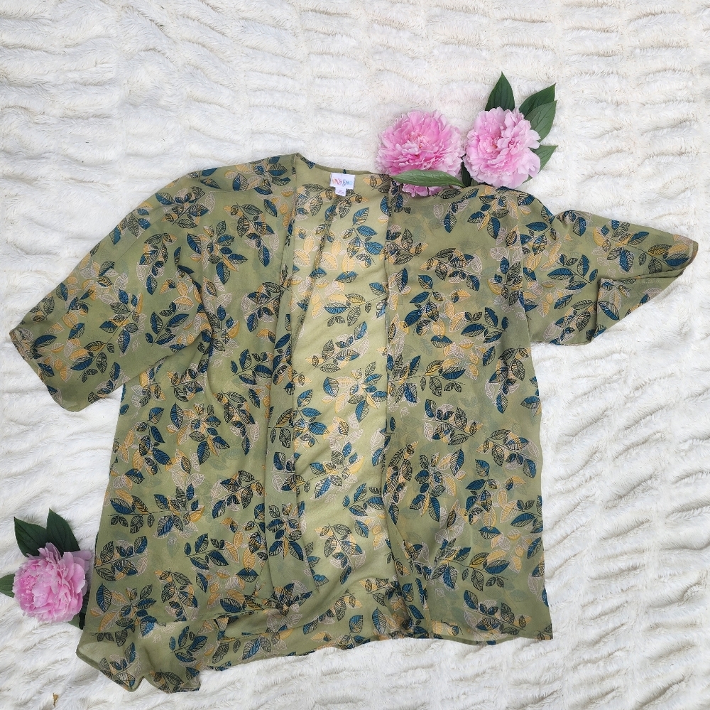Medium Sheer Lularoe "Lindsay" Kimono in Green with Blue Leaves